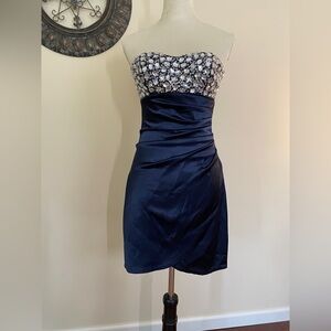 Silk Strapless Formal Dress, Navy Tulip Skirt with Beaded Silver Sparkle Bodice